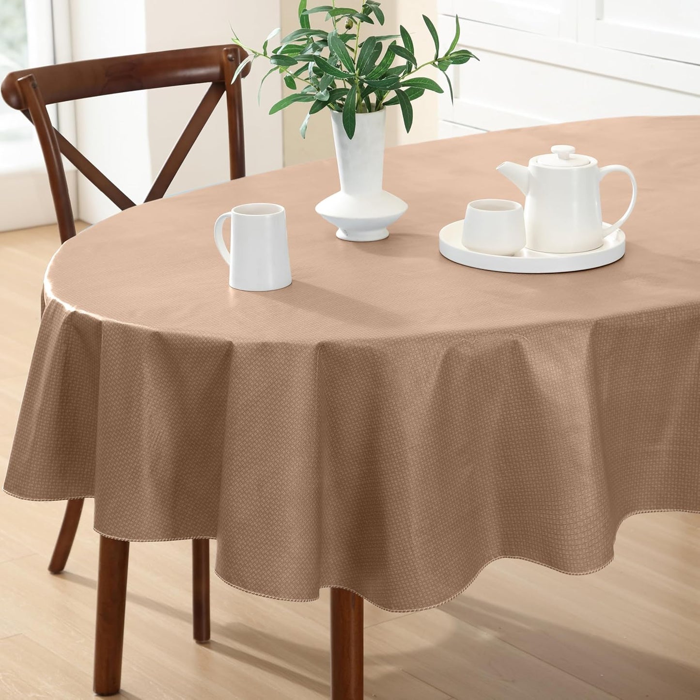 Newbridge Basketweave Vinyl Flannel Backed Tablecloth, 60 x 84 Inch Oval, Taupe, Basket Weave Textured Indoor Outdoor Waterproof Table Cover for Patio, Kitchen, Dining