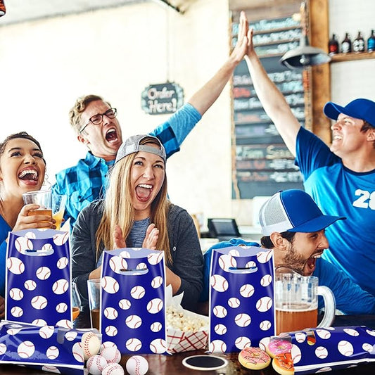 Frienda 100 Pcs Baseball Treat Bags with Handles, Blue White Plastic Baseball Party Favors Bag Baseballs Snacks Bags for Candy Small Gifts, Team Events Birthday and Sports Celebrations Decorations