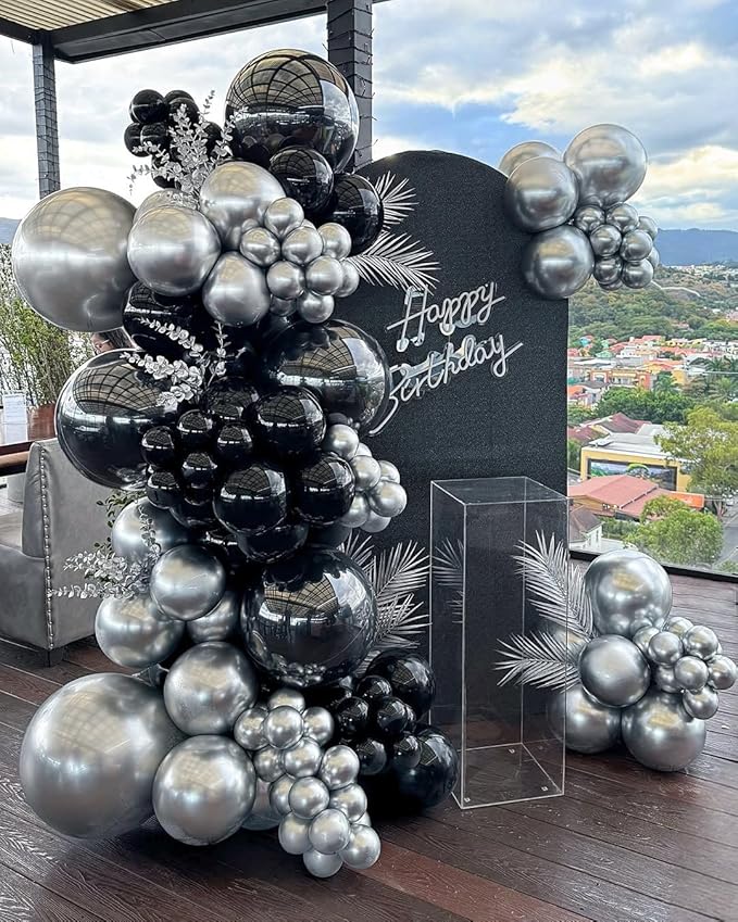 Black and Silver Balloons Arch Kit, 162pcs Different Sizes with Black Metallic Silver Confetti Balloons for Prom Anniversary Birthday 2025 Graduation Party Decorations