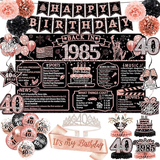 40th Birthday Decorations for Women – 59pcs Back in 1985 Party Supplies Backdrop, Banner, Honeycomb Centerpieces, Hanging Swirls, Foil & Latex Balloon, Cake & Cupcake Toppers, Sash, Pom Poms, Crown