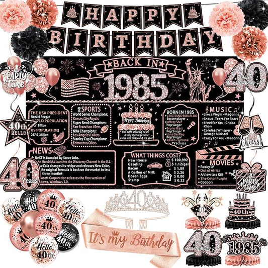40th Birthday Decorations for Women – 59pcs Back in 1985 Party Supplies Backdrop, Banner, Honeycomb Centerpieces, Hanging Swirls, Foil & Latex Balloon, Cake & Cupcake Toppers, Sash, Pom Poms, Crown