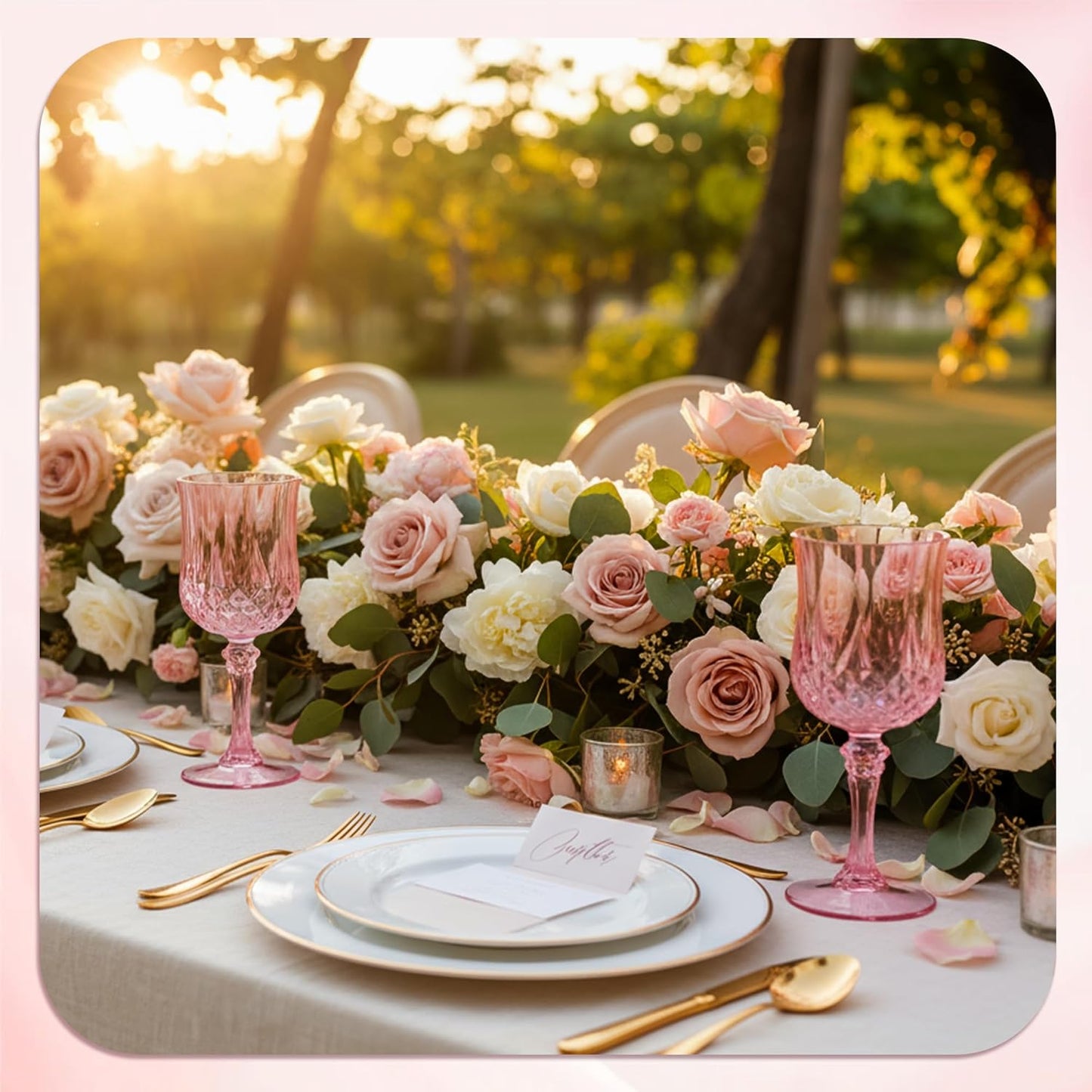 24PCS 7OZ Pink Wine Plastic Glasses, Drinking Champagne Glasses Flutes Crystal Vintage Water Unbreakable Goblets for Wedding, Parties