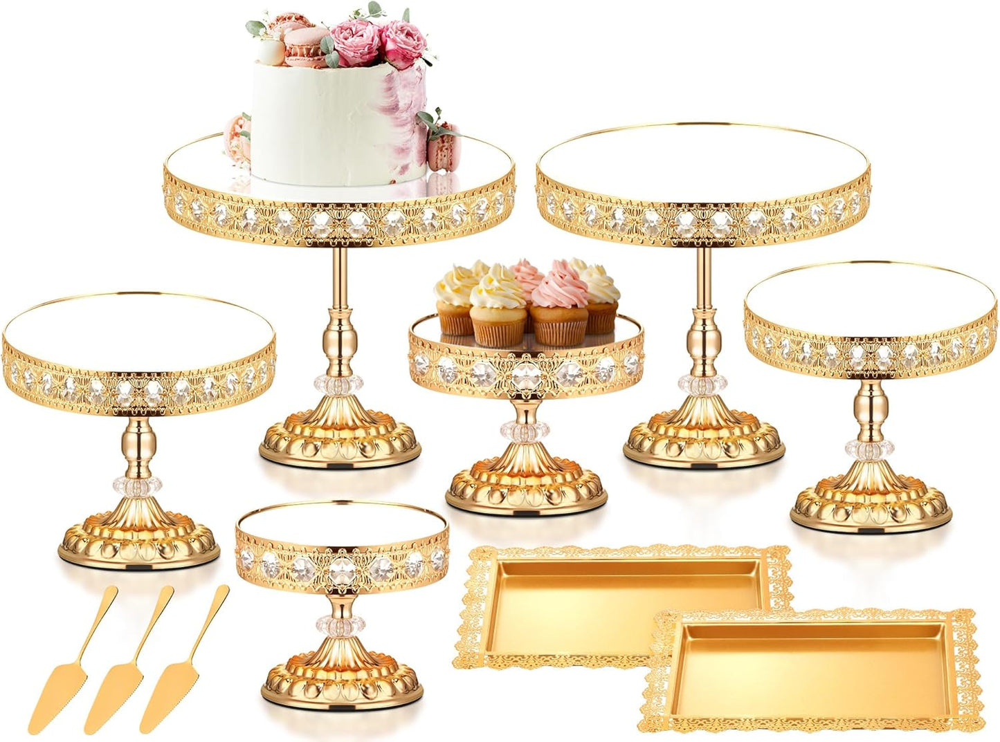 12-Piece Gold Cake Stand Set, Vintage Cake Stand with Crystal Edge and Cupcake Display Tray, Dessert Table Display Set for Wedding Party, Baby Shower, Anniversary Celebration