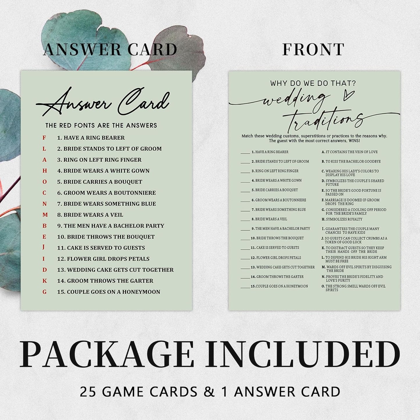 Bridal Shower Games, Wedding Traditions Why Do We Do That, 25Pcs Minimalist Sage Green Bridal Game Cards with 1 Answer Card, Wedding Shower Games for Guests, Engagement Bachelorette Party Supplies