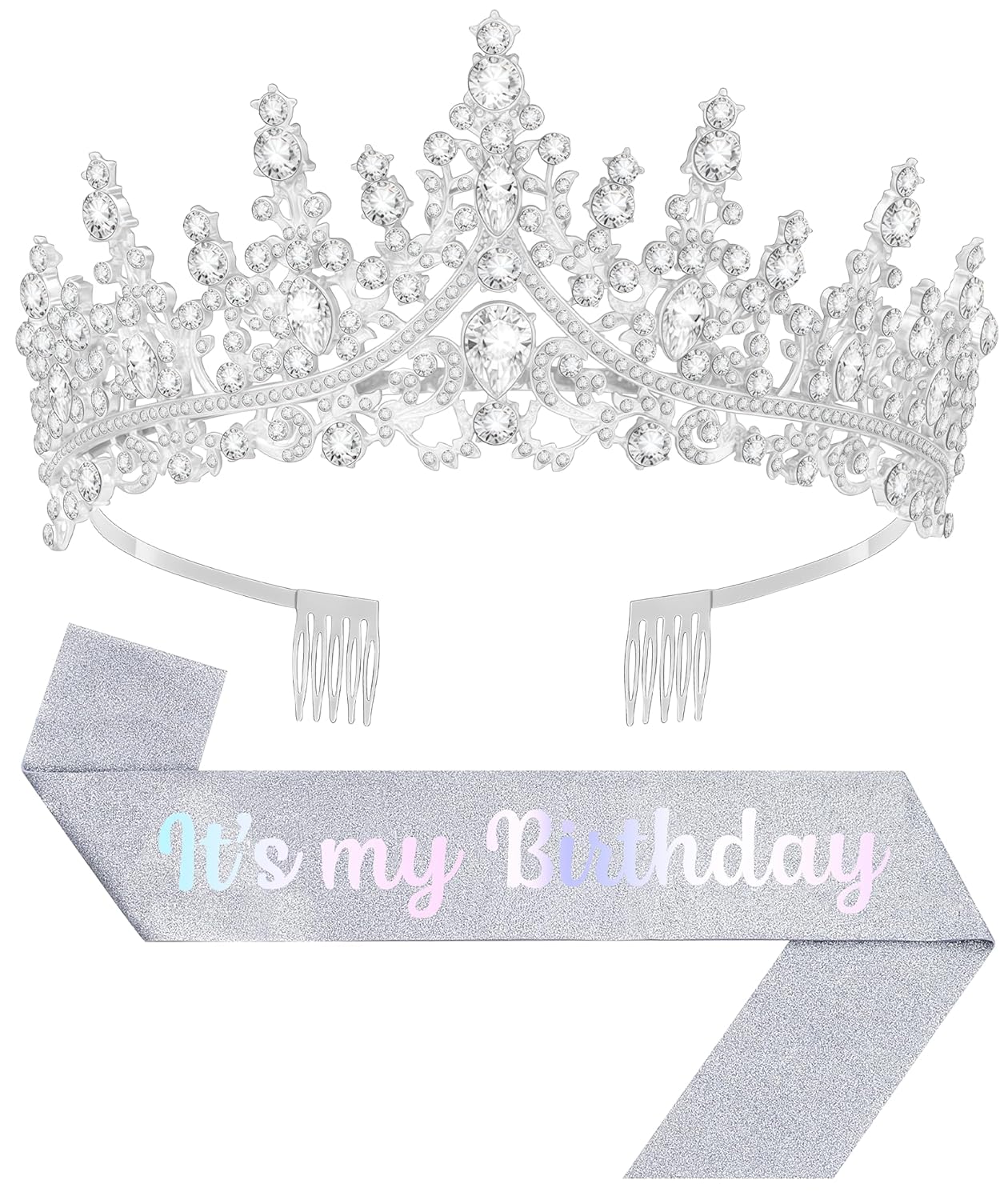 Birthday Tiara and Crown with Sash, Birthday Tiara for Women Birthday Party (Silver)