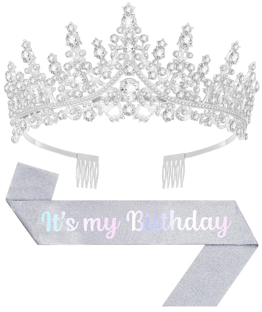 Birthday Tiara and Crown with Sash, Birthday Tiara for Women Birthday Party (Silver)