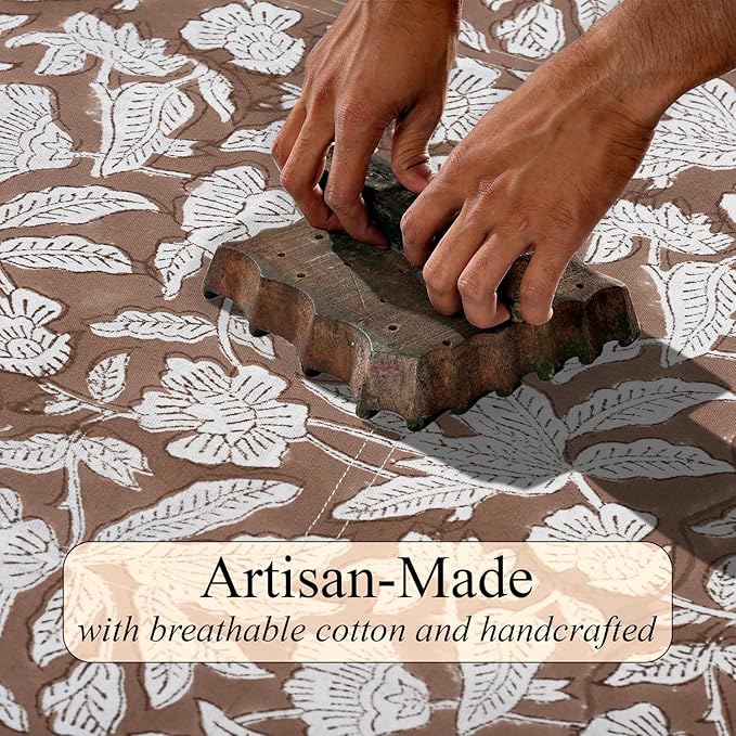Ridhi Hand Block Print Oak Brown Rectangle Cotton Tablecloth 102" x 48" Reusable Table Cover Decorative Everyday Use for Dining, Farmhouse, Home Gift for Spring, Easter, Valentine