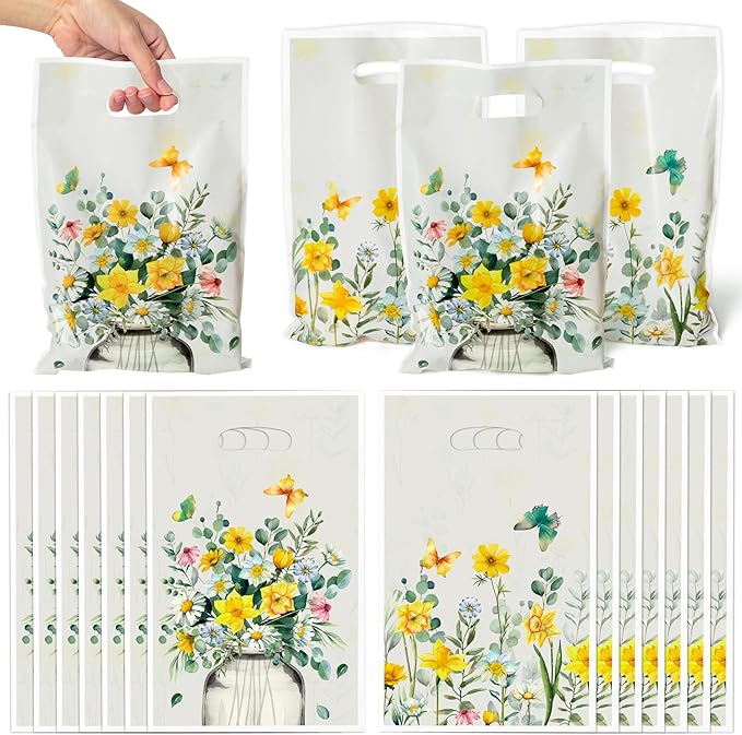 Bright Wildflower Party Favor Bags - 50Pcs Plastic Bright Wild Flowers Candy Treat Gift Bag with Handles Butterfly Snack Goodie Gift Sacks Wedding Birthday Party Supplies Baby Shower Decor