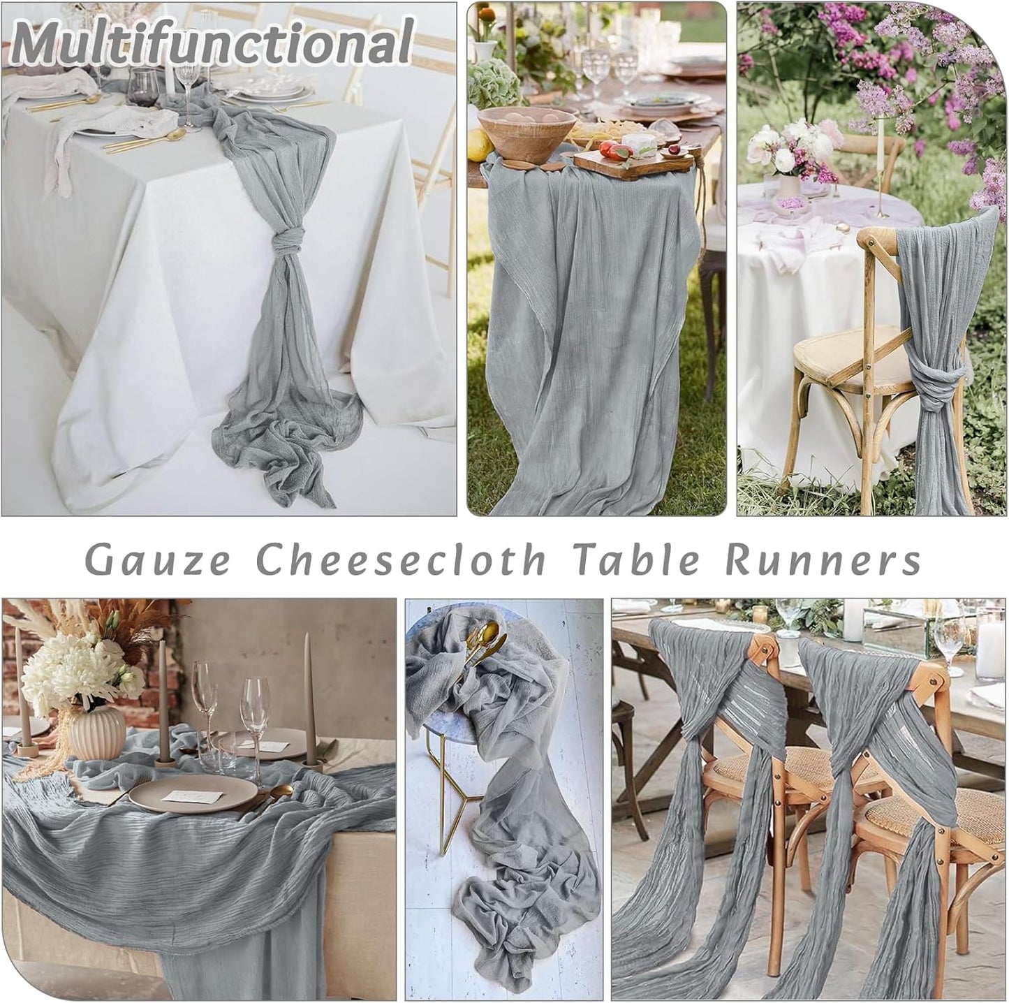 16Pack Grey Table Runner 10FT Cheesecloth Table Runner 35x120Inch Long Boho Cheese Cloth Table Runners Rustic Gauze Table Runners for Party Wedding Bridal Shower Baby Shower Decorations