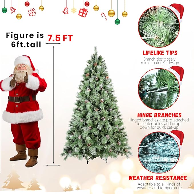 7.5FT Frosted Christmas Tree with 92 Pine Cone & Pine Needles, Premium Unlit Artificial Christmas Tree with 1588 Branch Tips, Realistic Hinged Xmas Trees with Metal Stand for Holiday Decoration