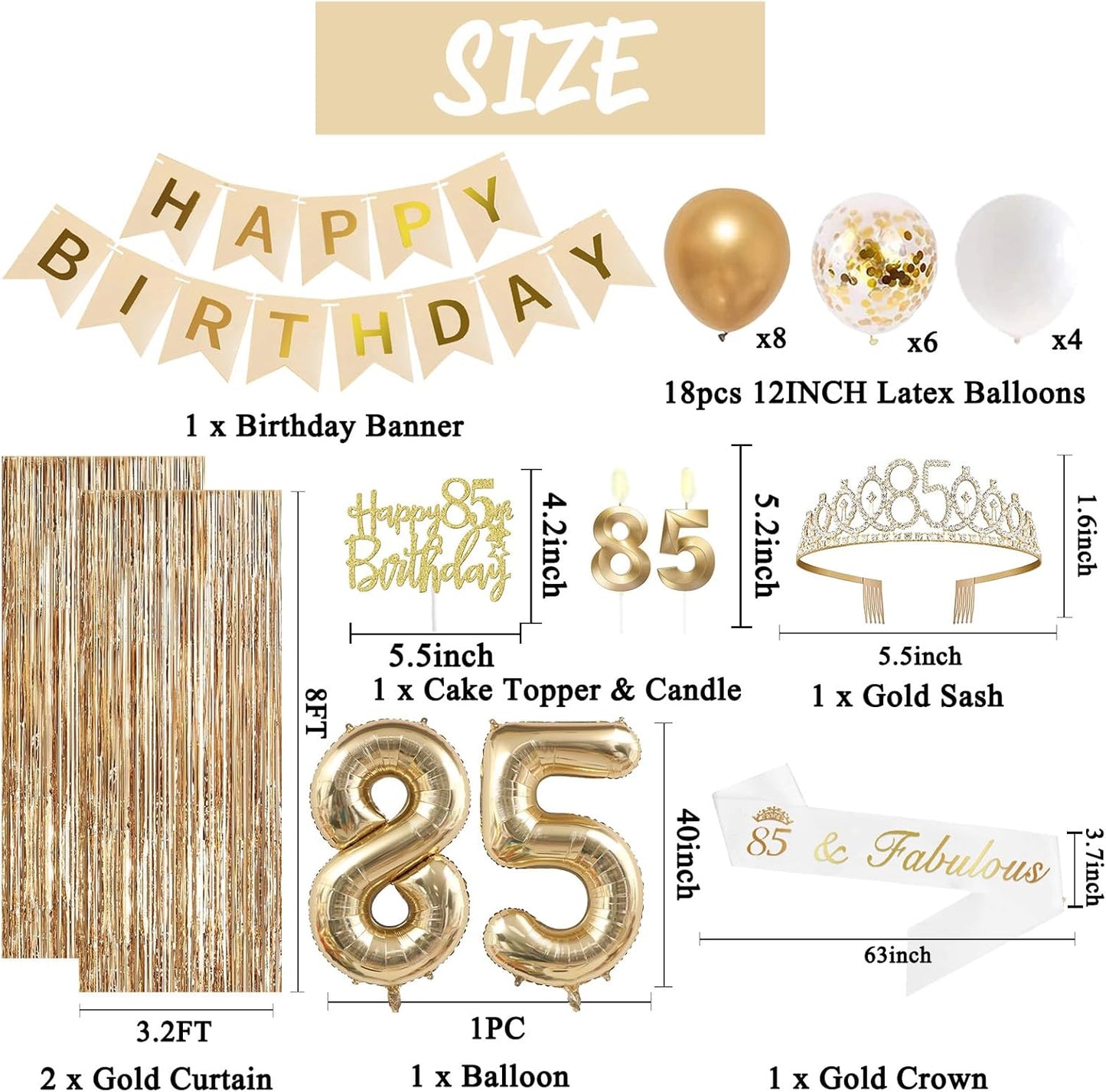 Trgowaul 85th Birthday Decorations for Women, Banner, Sash and Crown, Cake Topper, 85 Number Balloon, Fringe Curtains, Champagne Gold 85th Birthday Party Supplies