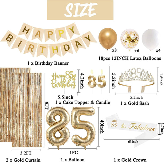 Trgowaul 85th Birthday Decorations for Women, Banner, Sash and Crown, Cake Topper, 85 Number Balloon, Fringe Curtains, Champagne Gold 85th Birthday Party Supplies