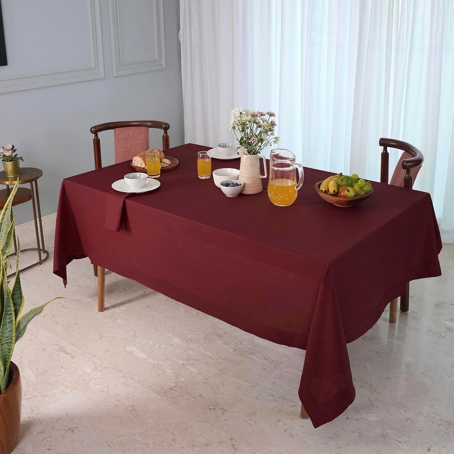 D'Moksha Homes Linen Tablecloth 60 x 108 Inch - 100% Pure Linen Dark Red Tablecloth for Rectangle Tables - Machine Washable Table Cloth for Fall, Autumn and Halloween