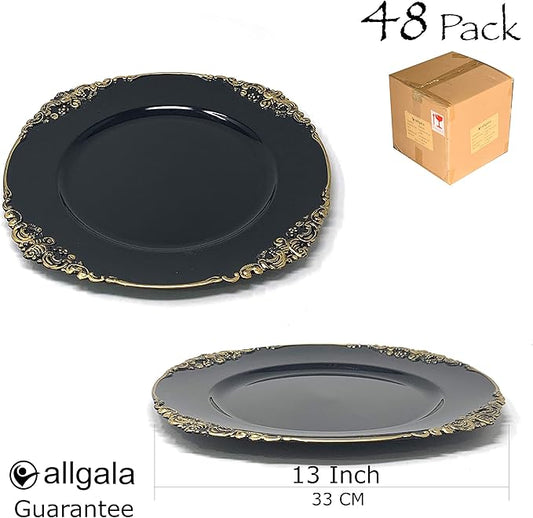 allgala 13-Inch 48-Pack Case Lot Heavy Quality Round Charger Plates-Floral Black Gold Trim-HD80843