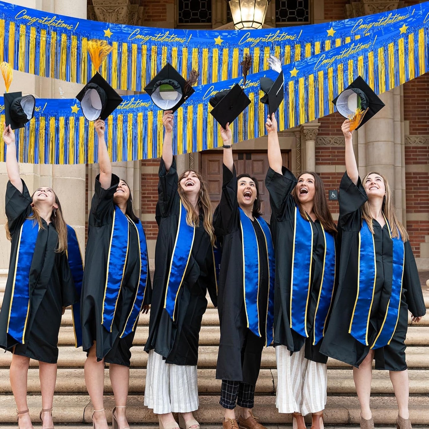 Mega-L Birthday Banners Party Decorations, Blue Gold Congratulation Foil Fringe Garland, 2Pack 39 Ft Tinsel Streamers Photo Booth Props Flag for Parade Float Car Graduation Class of 2026 Party Decor