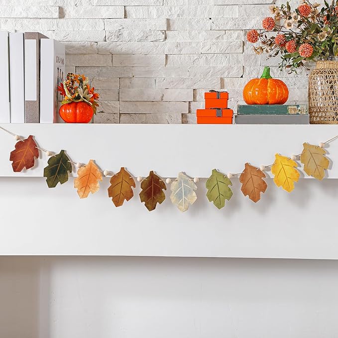 8.2 ft Fall Decorations Wooden Maple Leaf Garland Autumn Leaves Banner Multicolor Thanksgiving Banner Rustic Farmhouse Wood Bead Garland Hanging Decor for Fireplace Mantel Wall Home Window