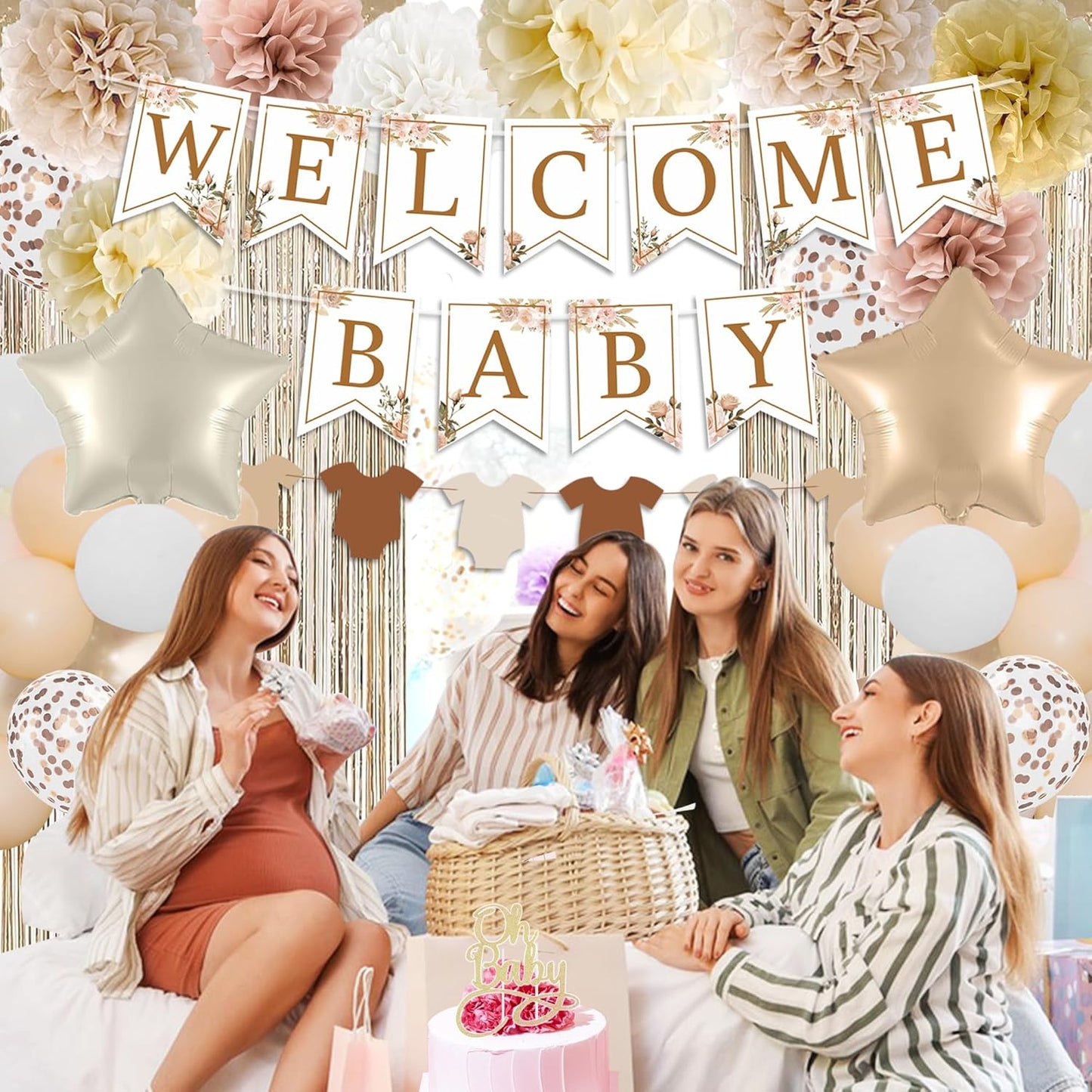 Champagne Baby Shower Decorations- Boho Baby Shower Decor Set with- Welcome Baby Banner, Clothes Banner, Cake Topper, Tissue Pom Poms, Beige Gold Balloons | Neutral Baby Boy Girl Shower Decorations