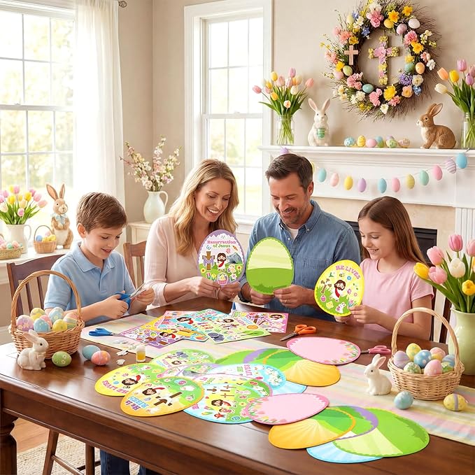 Frienda 48 Sets Easter Religious Crafts for Kids Make an Easter He is Risen Egg Sticker Scenes Resurrection Crafts Stickers for Christian Bible Sunday School Party Favors