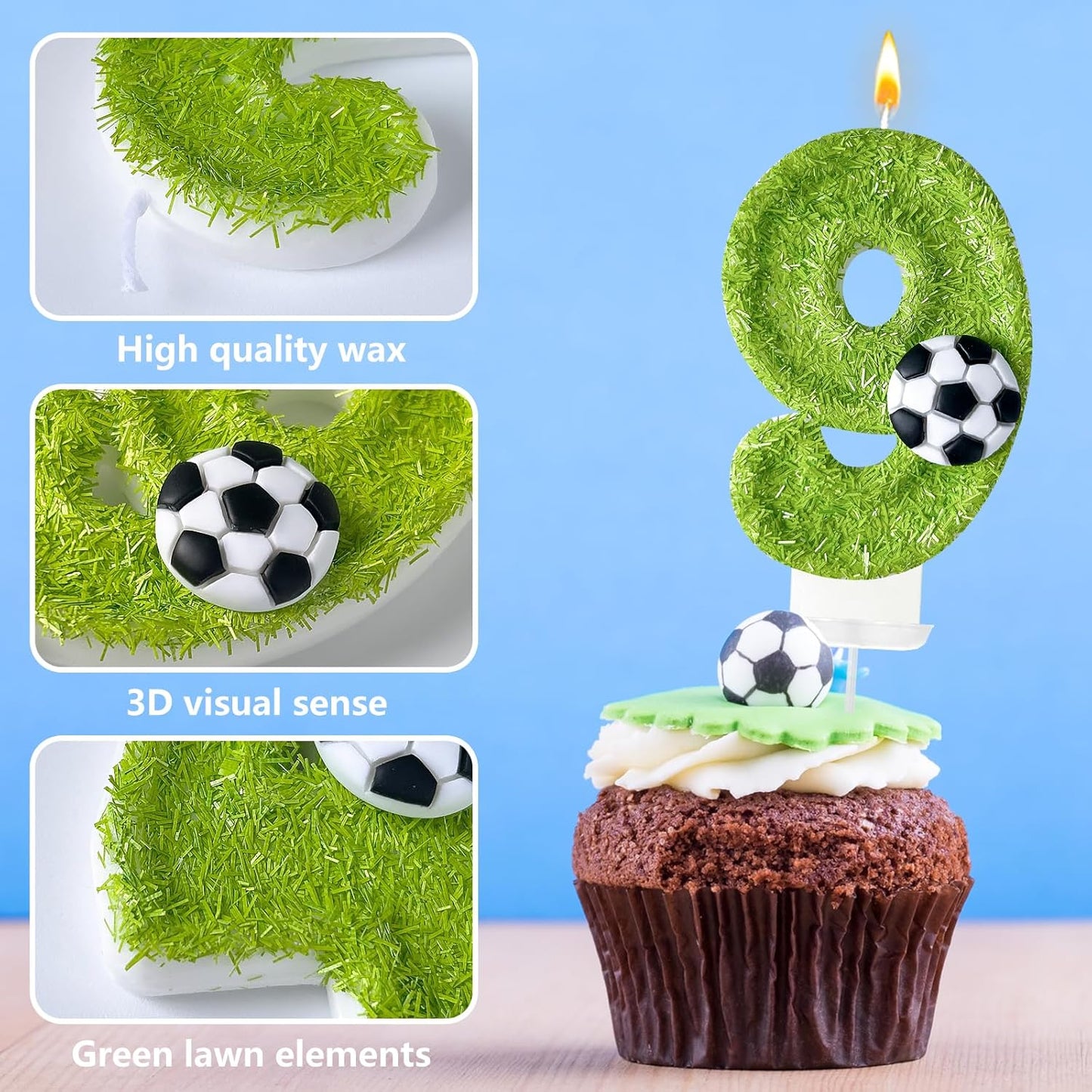 9th Birthday Candles，Soccer Birthday Decorations，Suitable for Girl and boy Cake Toppers, Wedding Cakes, Anniversaries, Party Celebrations, Birthday Decorations