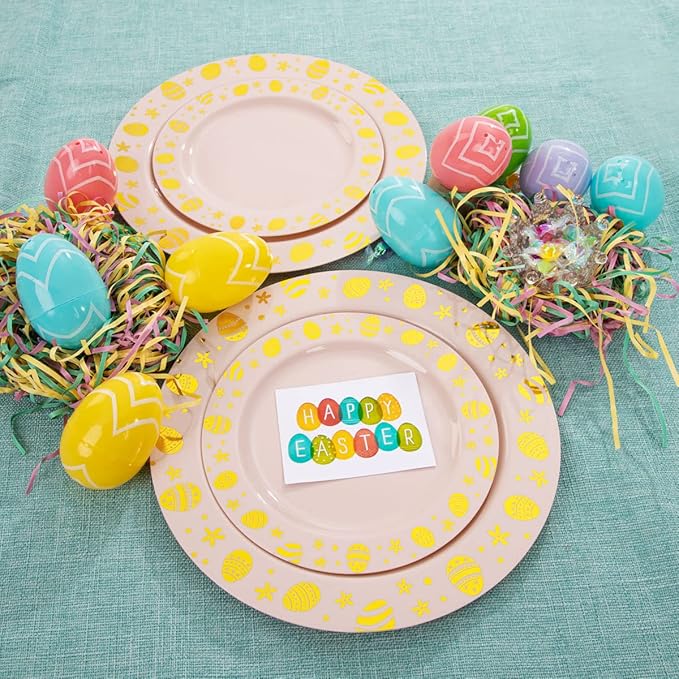 LIYH 60 Pcs Pink Plastic Easter Egg Plates Disposable Dinner & Dessert Plates with Gold Rim for Easter Day Party Decor 30 Guests
