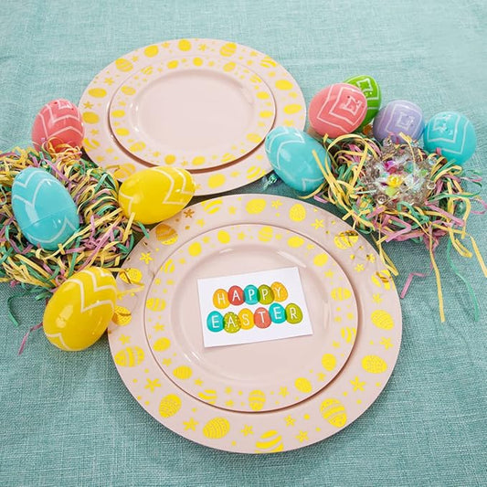 LIYH 60 Pcs Pink Plastic Easter Egg Plates Disposable Dinner & Dessert Plates with Gold Rim for Easter Day Party Decor 30 Guests