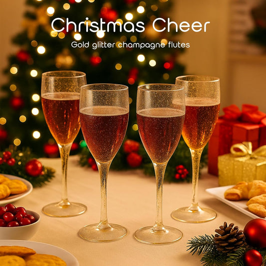 Gold Glitter Plastic Champagne Flutes 6.5oz Reusable Toasting Glasses for Wedding Birthday Christmas Valentines Day Party Celebrations 6pcs