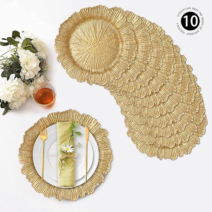 MAONAME 13" Gold Charger Plates Set of 10, Reef Plate Chargers, Round Charger for Dinner Plates, Plastic Table Chargers for Wedding Decor
