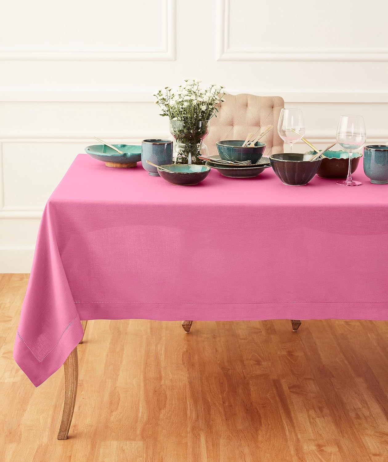 Solino Home Square Linen Tablecloth 52 x 52 Inch - 100% Pure Linen Flamingo Pink Table Throw - Classic Hemstitch, Machine Washable Table Cloth for Halloween