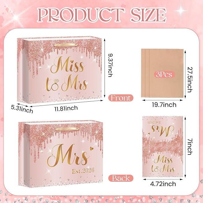 Bridal Shower Gift Bag Wedding Miss to Mrs Gifts Bag with Tissue and Card Bridal Shower Gift Wrapping Paper Bag Rose Gold Wedding Gift Bags Bride Engagement Bachelorette Party Bag Bride to Be Gifts