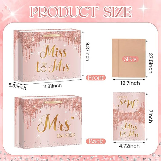 Bridal Shower Gift Bag Wedding Miss to Mrs Gifts Bag with Tissue and Card Bridal Shower Gift Wrapping Paper Bag Rose Gold Wedding Gift Bags Bride Engagement Bachelorette Party Bag Bride to Be Gifts