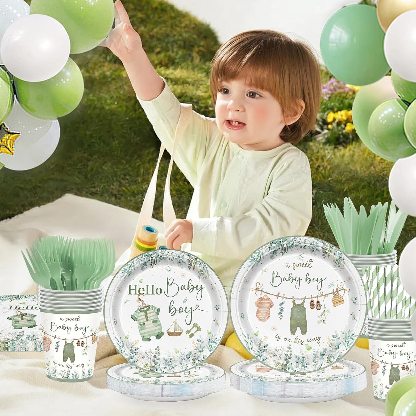 168PCS Greenery Baby Boy Party Supplies A Sweet Boy Is On His Way Party Decorations Watercolor Woodland Babyshower Plates Napkins Cups Forks Knives and Straw Tableware Set Serve 24 Guests