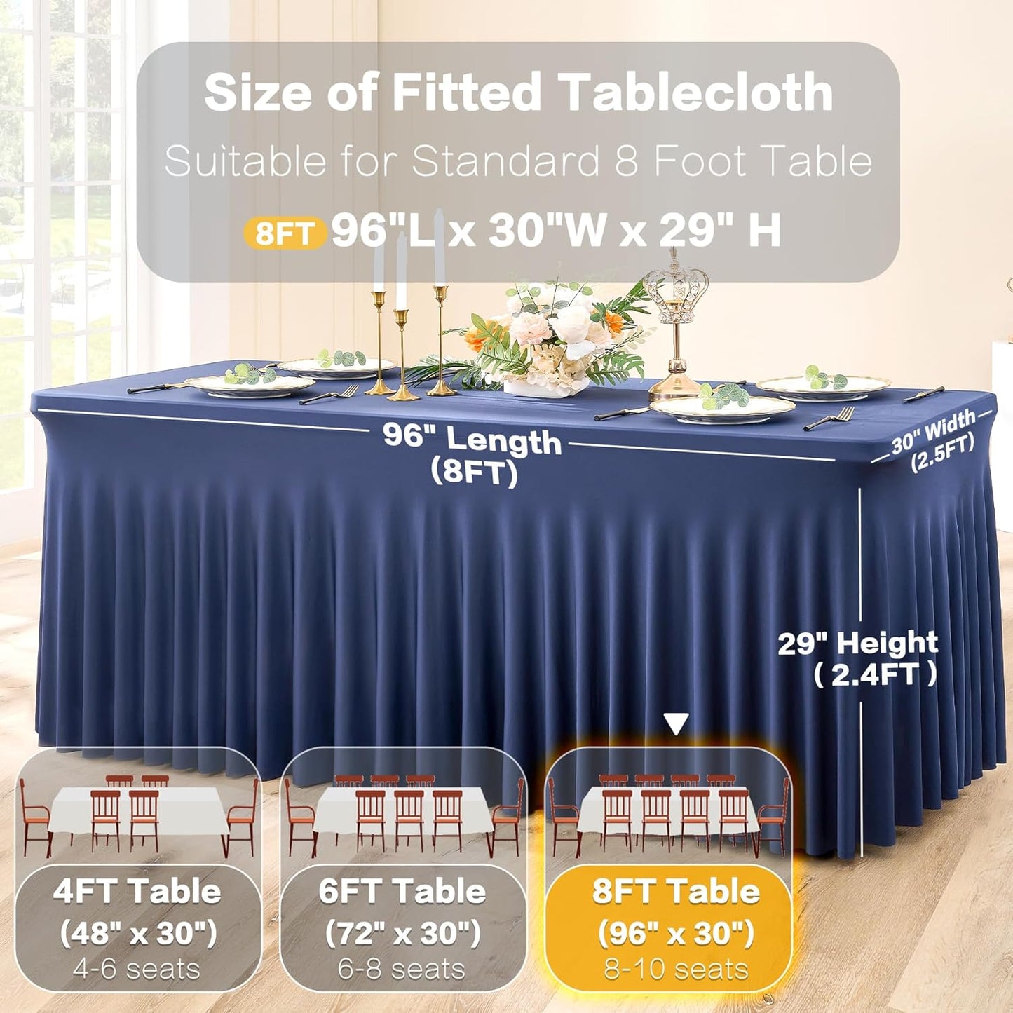2 Pack Navy Blue Spandex Tablecloths for 8 Foot Rectangle Tables, Wrinkle Free Fitted Table Cloths 8ft Stretchy Table Cloth Covers with Skirt for Parties Weddings Birthday Banquet Baby Shower