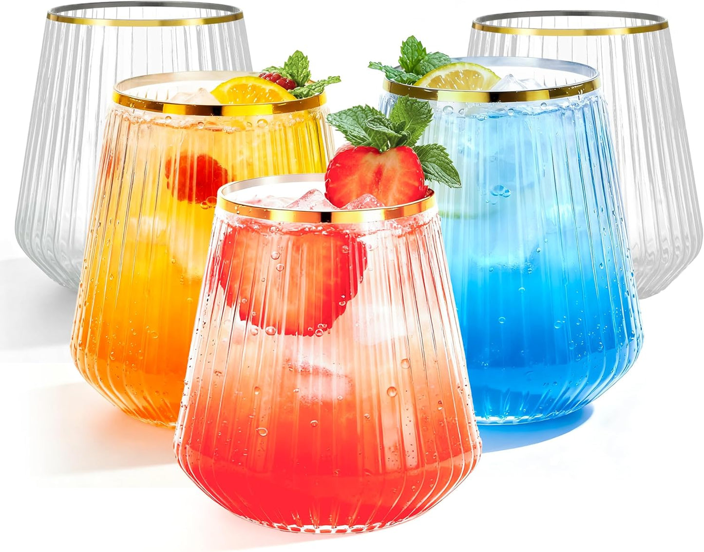 36 Pcs 12 oz Plastic Clear Gold Rim Ribbed Wine Glasses, Disposable & Reusable Champagne Glasses Elegant Whiskey Glasses Ideal for Weddings, Bars, Christmas, Holidays, Pool Party, Daily Use