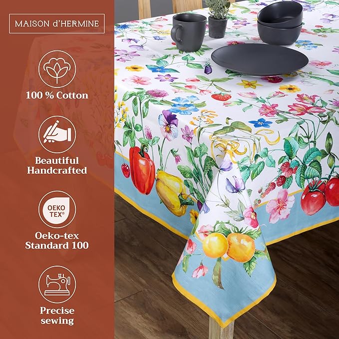 Maison d' Hermine Table Cloth Square Table 100% Cotton 60 x 60 Inches Tablecloth Reusable Decorative for Dining Room Farmhouse Home Valentines Day Decorations Spring Summer - Giverny
