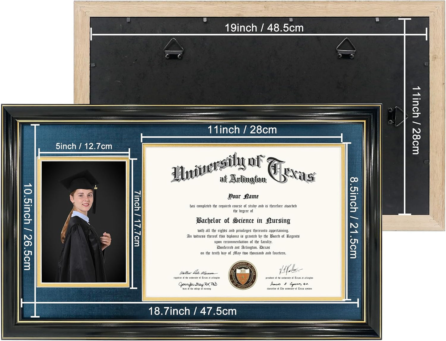 GraduationMall 11x19 Black Diploma and Photo Frame for 8.5x11 Certificate,5x7 Picture,Tempered Glass,Navy Blue over Gold Double Mat