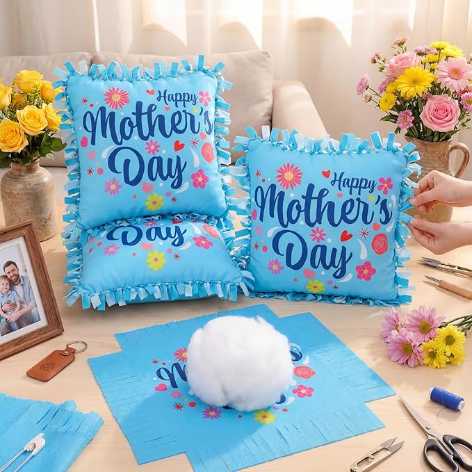 Mindsoft 6 Sets Mother's Day DIY Pillow Craft Kits – Cute Floral Tied Pillows with Happy Mother's Day Design, Handmade Gifts for Mom, Craft Activities, Home Decoration & Party Decor Favors