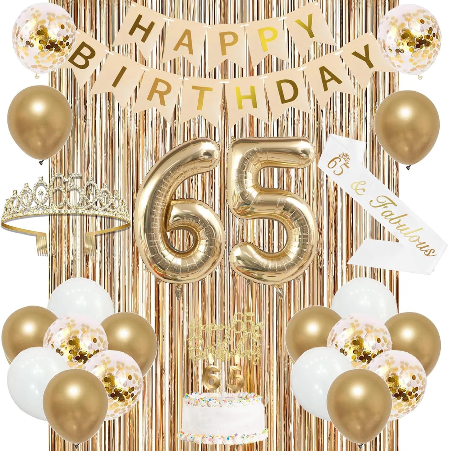 Trgowaul 65th Birthday Decorations for Women, Banner, Sash and Crown, Cake Topper, 65 Number Balloon, Fringe Curtains, Champagne Gold 65th Birthday Party Supplies