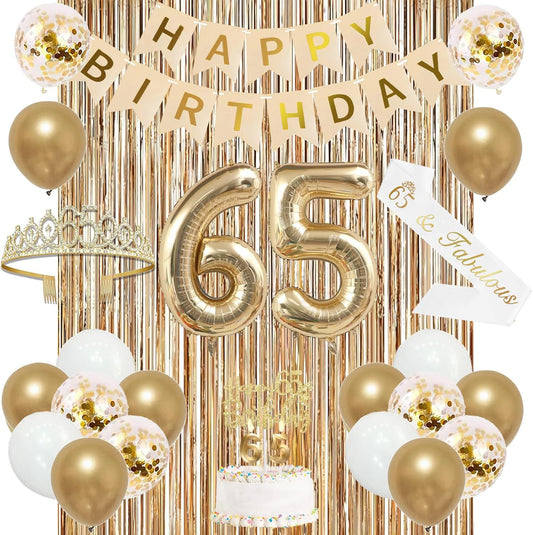 Trgowaul 65th Birthday Decorations for Women, Banner, Sash and Crown, Cake Topper, 65 Number Balloon, Fringe Curtains, Champagne Gold 65th Birthday Party Supplies