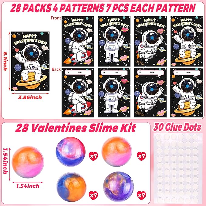 28 Pack Valentines Day Gifts for Kids Classroom, Galaxy Slime Kit Valentines Cards for Kids School Class Valentines Day Slime Fidget Toys Valentines Exchange Cards Valentines Party Favors Boys Girls