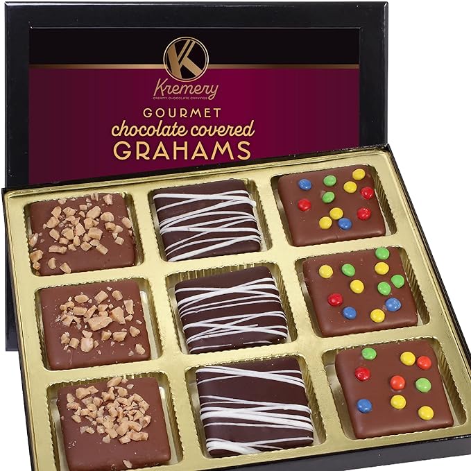 KREMERY Creamy Chocolate Cravings - Halloween Treats For Adults Chocolate Covered Graham Crackers Cookies Gift Basket, in Sectional Gift Box (9 Grahams, Assorted Sweet Toppings) Holiday Xmas Christmas