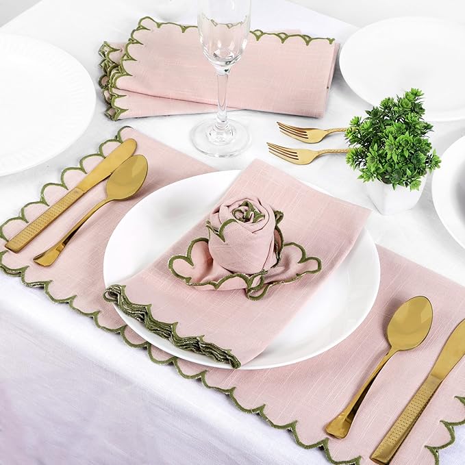 FINGERCRAFT Cloth Napkins, Everyday Use Scallop Design, Premium Quality Cotton Napkin Set of 6 Perfect for Parties Dinners Weddings Easter Napkin Cloth 20x20 inch Pink/Olive Green