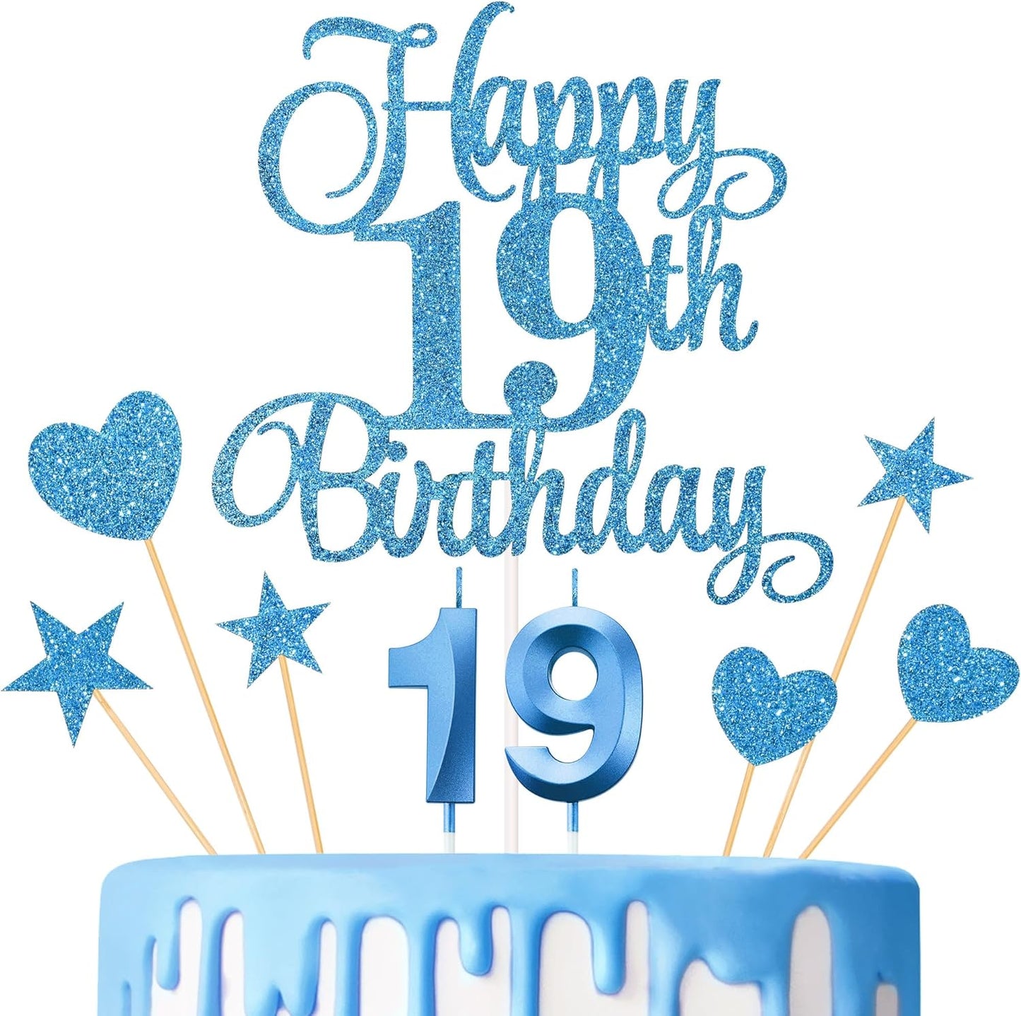 19th Birthday Cake Decorations, 19th Birthday Candles Cake Numeral Candles and Glitter Happy 19th Birthday Cake Toppers Set for Birthday Party Supplies (Blue)