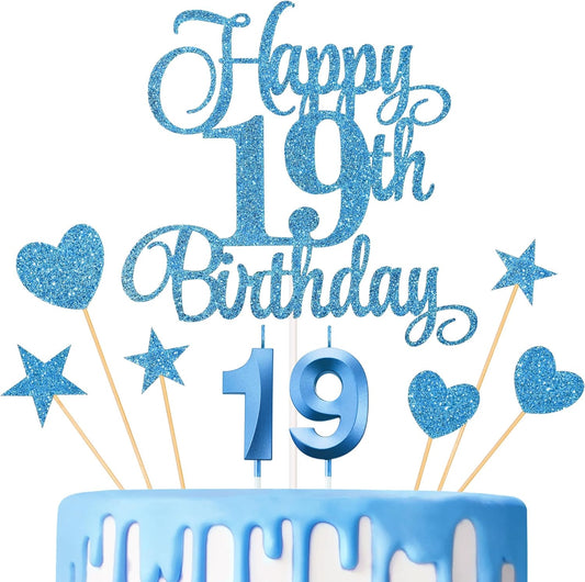 19th Birthday Cake Decorations, 19th Birthday Candles Cake Numeral Candles and Glitter Happy 19th Birthday Cake Toppers Set for Birthday Party Supplies (Blue)