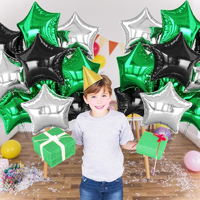 Green Black Silver Star Foil Balloons, 10PCS Foil Stars Shape Balloon, 18 Inch Metallic Pentagram Balloons Helium for Boys Men, Graduation, Baby Shower, Football Soccer Game Birthday Party Decoration