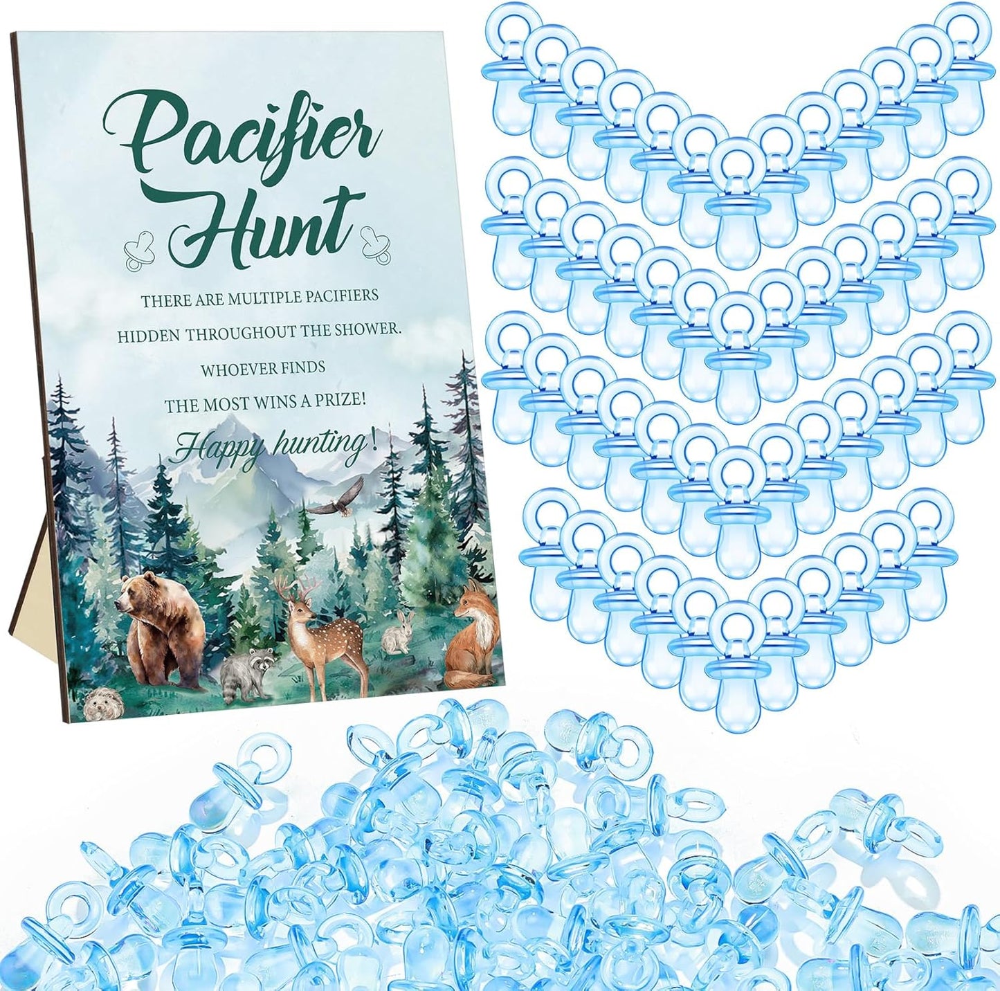 Thyle 51 Pcs Pacifier Hunt Baby Shower Games Include Hunt Sign and 50 Acrylic Pacifiers for Baby Shower Game Decoration Gift Sets Gender Reveal Party Decor(Let the Adventure Begin)