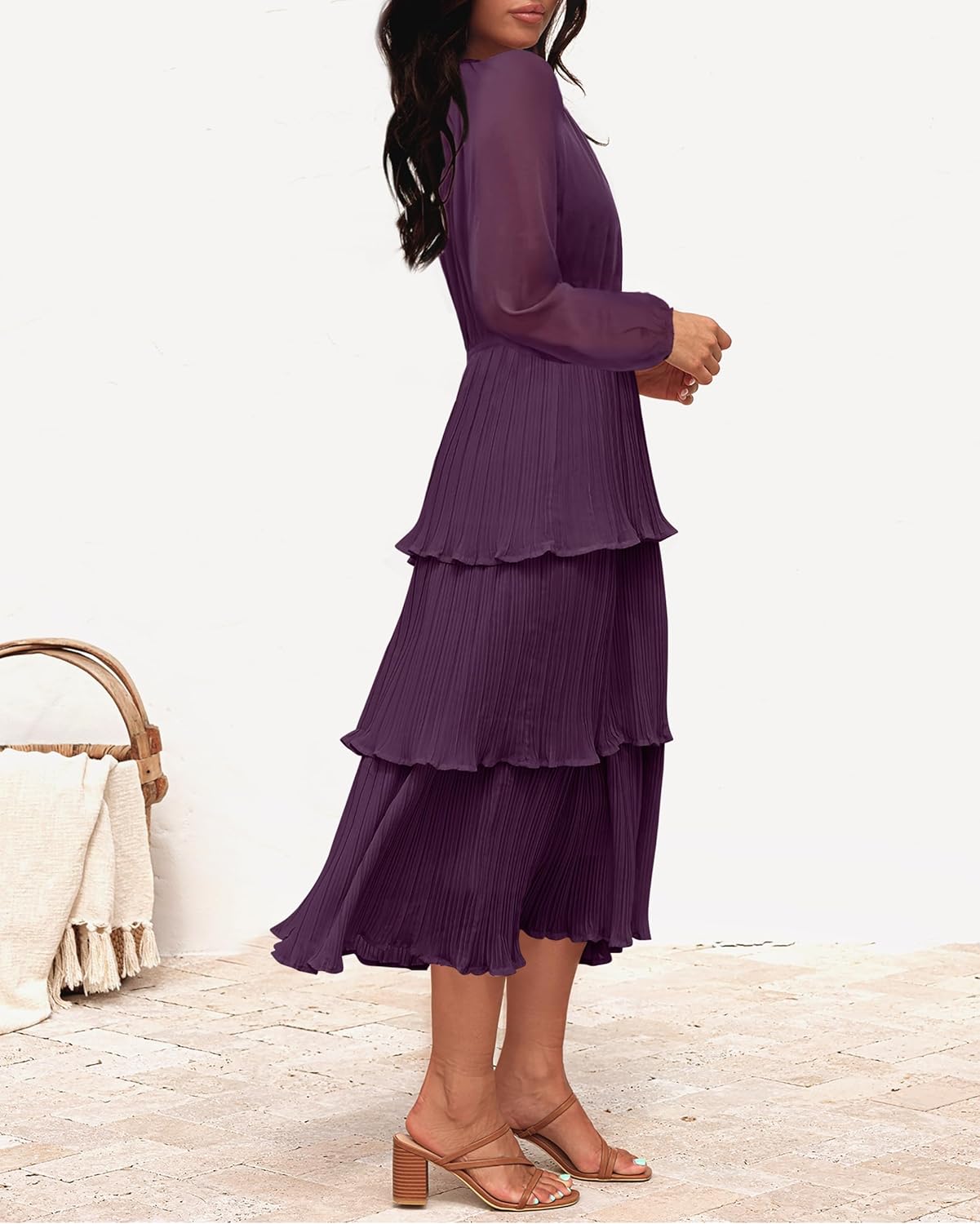 ZESICA Women's 2025 Long Sleeve Crew Neck Ruffle Tiered Layered Chiffon Flowy Swing Long Midi Dress