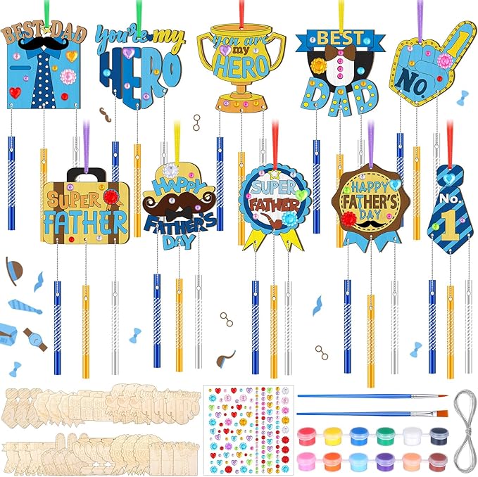 DoubleFill 30 Pack Father’s Day Wind Chime Craft Kit, DIY Paintable Wooden Wind Chimes with Tubes, Make Your Own Hanging Art Ornaments for Dad Birthday Gifts Party Decorations