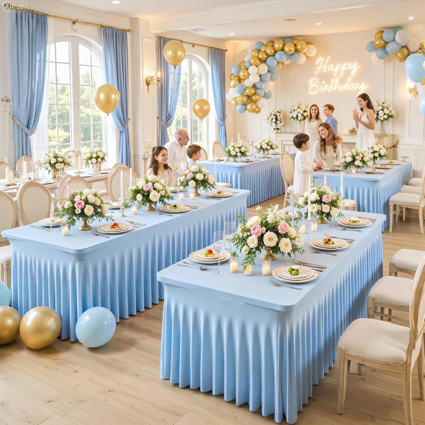6 Pack 6ft Baby Blue Spandex Table Cloths for Rectangle Tables Wrinkle Free Rectangle Tablecloths Stretch Fitted 6 Foot Table Cover with Skirt for Baby Shower Boy Birthday Party Wedding Banquet Buffet