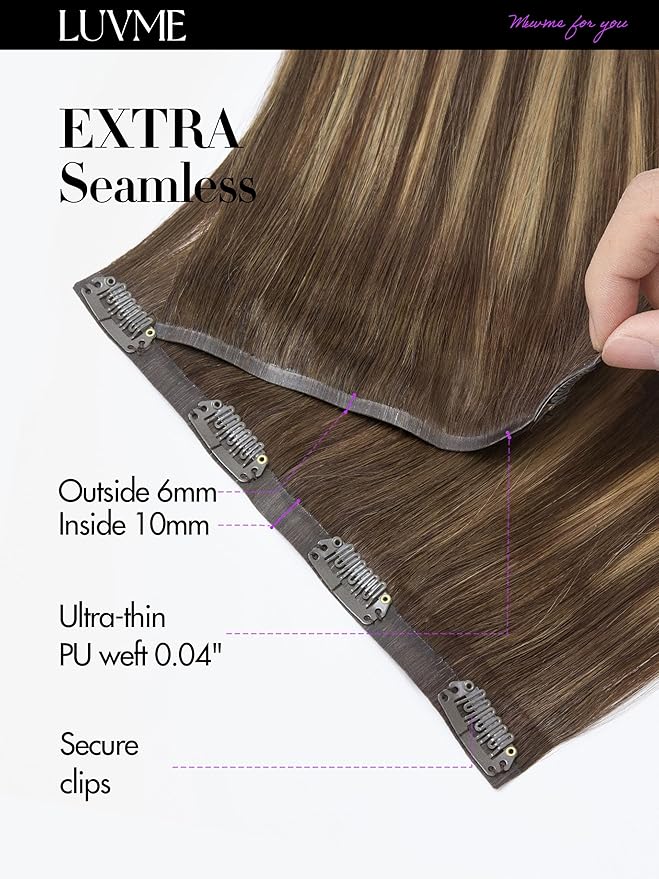 LUVME Straight Seamless 110g 7Pcs Clip in Hair Extensions Full Max with 18 inch Remy Human Hair Extensions, Highlight Color 100% Real Soft Human Hair