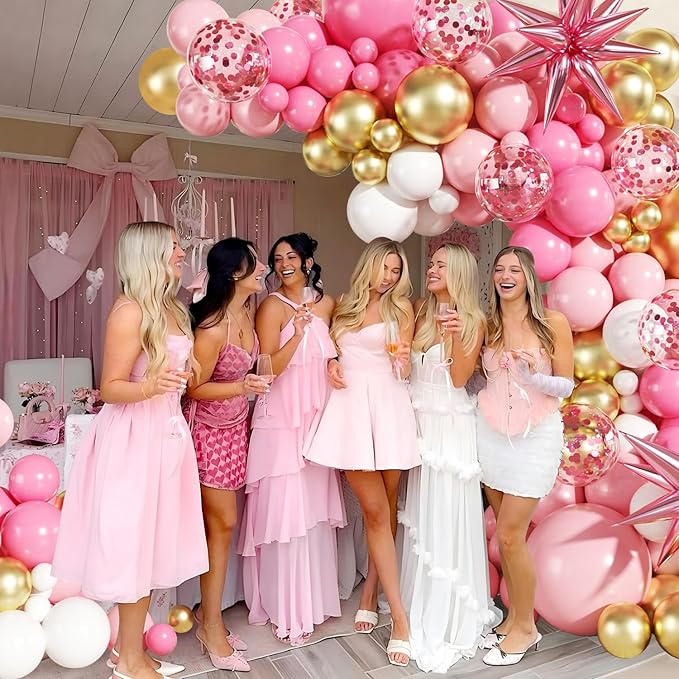 Pink White Gold Balloon Garland Arch Kit, 140Pcs Hot Pastel Pink Gold White Confetti Balloons With Stars for Birthday Wedding Birdal Shower Gender Reveal Graduation Party Decorations
